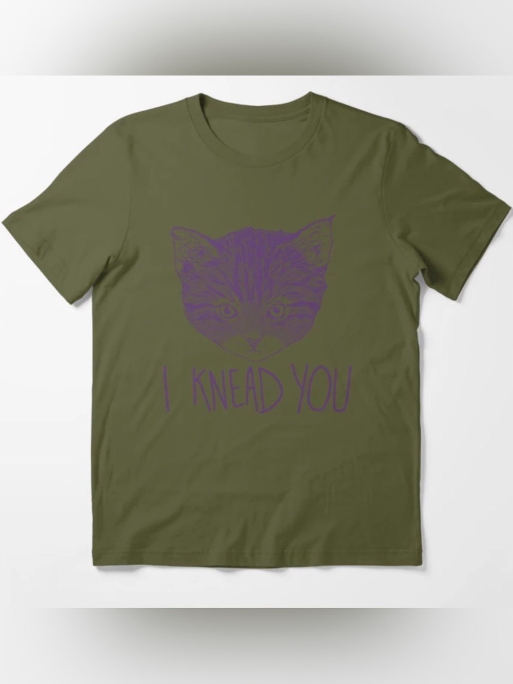 I Knead You Olive Green Tee with Purple Cat Graphic L